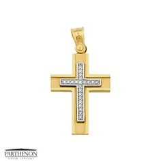 Parthenon Greek Jewelry Greek Handmade Byzantine Eastern 14k Solid Yellow and White Gold Cross Polished Pendant Charm with 22 white cz This gorgeous Cross is from our Byzantine Gold Crosses Collection Cross Information Code Number: C152268-A Metal: 14k Yellow and White Polished Solid Gold The Cross is approx. 29.00mm long and 17.50cm wide Stone(s): 22 white cz Free shipping!!   Notice: This is a handmade item and may require time to make. Size and weight might vary as well. Please understand the timeframe involved Ask us for the remaining combinations Check out some other Crosses in our shop! https://www.etsy.com/shop/ParthenonGreekJewels?section_id=16722662&ref=shopsection_leftnav_5 Check out all of our fine jewelry! https://www.etsy.com/shop/ParthenonGreekJewels Yellow Gold Cross Charms For Baptism, Yellow Gold Cross For Baptism, Greek Jewelry Designers, Byzantine Cross, Byzantine Gold, Greek Jewelry, Mens Rings, Jewelry Designers, Flower Earrings Studs