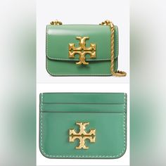 ***Rare Tory Burch Items ***Sold Out Everywhere Color: Patina Against The Clean Lines Of A Box Bag, The Bold Curves Of Sculptural Hardware. Our Eleanor Small Bag Is Made Of Leather With Hand-Painted Edges. A Jewel Of Craftsmanship, Designed To Carry With Ease. Wear The Twisted Rope Chain Over The Shoulder Or Crossbody. * Height: 5.3" (13.5cm); Length: 7.5" (19cm); Depth: 2.8" (7cm) * Patent Leather; Leather Trim * Brass Hardware * Flap With Magnetic Snap Closure * Convertible Rope Chain Shoulder Designer Green Bag With Card Slots, Designer Green Bags With Card Slots, Luxury Shoulder Bag With Card Slots For Gift, Classic Tan Bag With Card Slots, Luxury Tan Rectangular Wallet On Chain, Luxury Rectangular Tan Wallet On Chain, Luxury Tan Wallet On Chain For Formal Occasions, Formal Tan Rectangular Wallet On Chain, Luxury Crossbody Shoulder Bag With Card Slots