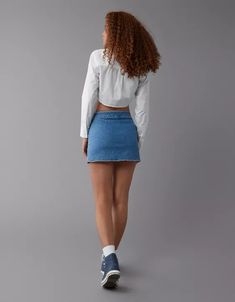 AE Next Level High-Waisted Skort Fitted Denim Skort With Built-in Shorts, Mid-rise Stretch Cotton Skort, Stretch Mini Denim Blue Bottoms, Stretch Denim Blue Mini Bottoms, Stretch Cotton Mini Length Jean Shorts, Stretch Denim Blue Mini Skirt, Casual Stretch Denim Blue Skort, Trendy Stretch Medium Wash Skort, Trendy Medium Wash Stretch Skort