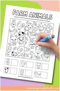 the farm animals worksheet is shown with a hand holding a marker and pointing to it