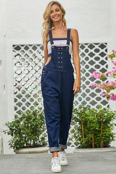 Grommet Detail Dark Blue Denim Overall Non-stretch High Rise Denim Jumpsuit, Dark Wash Non-stretch Denim Jumpsuit, Non-stretch Dark Wash Denim Jumpsuit, Casual Denim Blue Jean Overalls, Casual Denim Blue Overall Jeans, Casual High Rise Denim Jumpsuit For Fall, High Waist Washed Blue Denim Jumpsuit, Indigo Denim Top With Pockets, Non-stretch Blue Denim Jumpsuit With Straight Leg