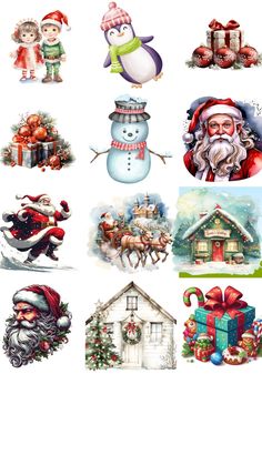 christmas stickers with santa claus, snowman and gifts