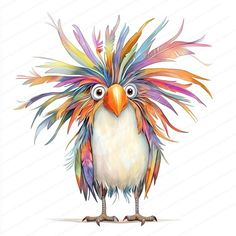 a colorful bird with feathers on it's head is standing in front of a white background