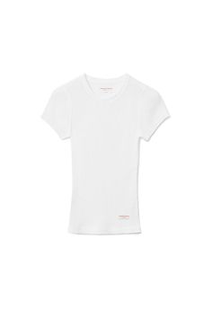 Semi-sheer short-sleeve crewneck tee with logo patch at left hip in white ribbed cotton. Form-fitting. Bottom hem hits at hips. Composition: 100% cotton. Made in china . Model is 5'10" and wears size s. WL002100. White T-shirt With Ribbed Cuffs And Relaxed Fit, White Ribbed Relaxed Fit T-shirt, Fitted White Cotton Cropped T-shirt, White Cotton T-shirt With Ribbed Cuffs, White Stretch Technical T-shirt, Sheer Shorts, Alexander Wang, Patch Logo, Alexander