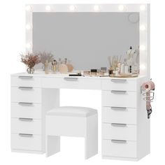 a white vanity with lights on it and a stool