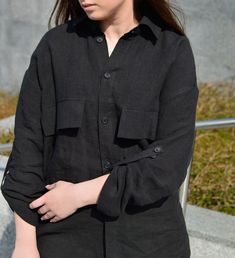 Women's Linen Shirt in Space Black Long Sleeves and - Etsy Black Linen Shirt For Spring, Versatile Black Linen Top, Black Linen Long Sleeve Top, Versatile Long Sleeve Linen Top, Fall Linen Shirt With Roll-up Sleeves, Long Sleeve Linen Shirt With Roll-up Sleeves, Linen Shirt With Roll-up Long Sleeves, Linen Long Sleeve Shirt With Roll-up Sleeves, Trendy Linen Blouse For Workwear