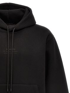 Stacked Logo' hoodie with front logo print, a kangaroo pocket, and long cuffed sleeves. Composition: 65% polyester 35% rayon Top Designer Brands, Denim Design, Engineered Garments, High End Fashion, Cuff Sleeves, Logo Print, Black Hoodie, Fashion Item, Kangaroo Pocket