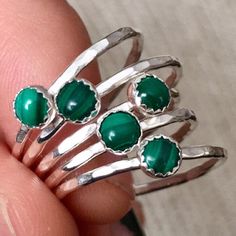 Handcrafted Sterling Silver Mini Malachite Gemstone Ring. Featuring A Genuine Malachite Gemstone Set In A Shimmery Hammered Sterling Silver Band. Each Malachite Is Unique! They Vary In Color And Pattern. You Will Receive One Of The Rings Shown. Brand New, Never Worn And Handmade By Me! Handmade Crystal Ring With May Birthstone, Green Natural Stones Ring, Green Rings With Natural Stones, Green Stackable Round Jewelry, Natural Stone Rings For May Birthstone, Handmade Green Jewelry With Round Stone, Adjustable Emerald Ring With Natural Stones, Handmade Emerald Crystal Ring, Handmade Stackable May Birthstone Rings