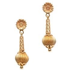 A pair of finely-tooled 22K gold drop dangle earrings. Post back for pierced ears. Indian Yellow Gold Engraved Drop Earrings, Engraved Yellow Gold Drop Earrings, Gold Engraved Dangle Earrings, Elegant 22k Gold Drop Danglers, Gold Engraved Drop Earrings, Luxury 22k Gold Drop Earrings, Traditional Engraved Yellow Gold Earrings, Yellow Gold Danglers With Intricate Design, Engraved Gold Drop Earrings