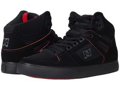 DC Pure High-Top WC - Men's Skate Shoes : Black/Red/White : Bring clean, classic skate style to your everyday with the DC Pure High-Top WC skateboard shoes! Skate shoes in a high-top silhouette. Leather, nubuck, suede, or canvas upper with premium textile quarter. Foam padded tongue and collar for added comfort and support. Mesh lining for breathable wear. Wrap cupsole construction for long-lasting durability. Abrasion-resistant sticky rubber outsole. Outsole features DC's trademarked Pill patte Mid-top Suede Skate Shoes With Boost Midsole, Leather High-top Sneakers With Boost Midsole For Skateboarding, Urban Leather High-top Sneakers For Skateboarding, Leather Skate Shoes With Boost Midsole, High-top Suede Sneakers For Skateboarding, High-top Suede Skate Shoes For Sports, Urban Canvas Skate Shoes With Cushioned Midsole, Canvas High-top Sneakers With Contrast Sole For Skateboarding, Urban High-top Sneakers With Contrast Sole For Skateboarding