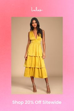 Be the best dressed at your next soiree in the Lulus Peak Party Vibe Mustard Yellow Satin Tiered Tie-Back Midi Dress! Sleek satin shapes this dress that has wide straps that flow into the gathered bodice and frame a plunging V-neckline (and back). A banded waist ties together at back and tops a flouncy, tiered midi skirt. Hidden back zipper/clasp. Fit: This garment fits true to size. Length: Mid-calf length. Size medium measures 48.5" from top to bottom. Bust: Great for any cup size. Waist: Fitted - very fitted at natural waist. Hip: Not Fitted - fuller skirt allows room for hips. Undergarments: May be worn with petals, or no bra. Fabric: Fabric has no stretch. Lined. Shell: 100% Polyester. Lining: 88% Polyester, 12% Spandex. Hand Wash Cold. Do Not Bleach. Line Dry. Iron Low Heat. Imported