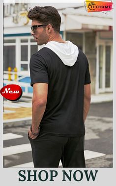 Men's Hooded Short Sleeve T-shirt Black Hooded T-shirt For Sports, Hooded Cotton T-shirt For Sports, Casual Hooded T-shirt With Graphic Print, Cotton Hooded Sports T-shirt, Cotton Hooded T-shirt For Sports, Sporty Hooded T-shirt With Letter Print, Hooded Letter Print Top For Summer, Summer Letter Print Hoodie Top, Casual Hooded Sports T-shirt