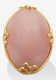 Make her feel like royalty with this bold, yet elegant, rose quartz ring. Framed by ornate gold-plated prongs, this bewitching cabochon ring will add charm and elegance to any outfit. Set on an 18K yellow gold-plated band. Sizes 6-10.FABRIC: 18k Gold-PlatedMain Stone: 1 Oval Cabachon Cut Genuine Rose Quartz, 30 mm x 20 mmDimensions: 20 mm wide x 30 mm long x 9 mm highIncludes gift box and drawstring pouch available in sizes 6-10 | Women's Cabochon Cut Rose Quartz 18K Gold-Plated Cocktail Ring by Rose Quartz Jewelry Rings, Cabochon Ring Design, Kara Ross Jewelry, Bezel Set Cabochon, Snow Wedding, Trend Board, Art Final, Rose Quartz Jewelry, Chalcedony Earrings