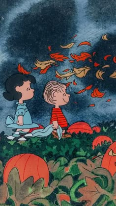 a charlie brown thanksgiving scene with pumpkins falling from the sky and two children sitting in front of them