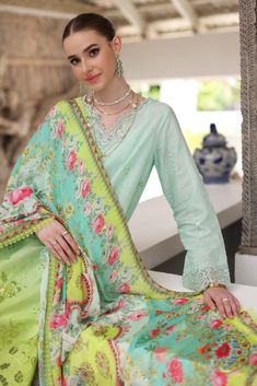 Brand: Saadia AsadProduct: Chikankari D-05ACollection: Noor by Saadia Asad Luxury Chikankari Lawn CollectionFabric: LawnDesign Work: Embroidered PRODUCT DETAILS: Digital printed ombre laser embroidered lawn front Digital printed ombre lawn back Digital printed schiffli embroidered lawn sleeves Dyed cambric trouser Digital printed silk dupatta Embroidered neckline Embroidered hem border Embroidered sleeves border Embroidered trousers border Embroidered 3d flowers DISCLAIMER:* Lining, Laces, and Tassels are not included in unstitched variants.* Embellishment items in stitched outfits are subject to market availability.* Product color may vary due to photographic lighting or your device settings. CARE INSTRUCTIONS: Extra Fabric Has Been Used For Shoot Original Color May Vary Slightly From The Designer Dola Silk Salwar Kameez With Naqshi Details, Designer Dola Silk Salwar Kameez With Naqshi, Green Anarkali With Naqshi Detailing, Green Naqshi Dupatta In Traditional Drape, Traditional Green Dupatta With Naqshi, Green Dupatta With Naqshi In Traditional Drape, Wedding Palazzo Set With Dabka In Jamawar, Festive Green Naqshi Salwar Kameez, Green Naqshi Dupatta For Festivals