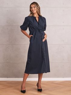 Joanna Navy Maternity Midi Dress > Nursing Friendly Spring Office Dresses With Tie Fastening, Spring Shirt Dress With Tie Waist And Relaxed Fit, Spring Relaxed Fit Shirt Dress With Tie Waist, Versatile Relaxed Fit Dress For Work, Versatile Short Sleeve Midi Dress For Spring, Spring Midi Dress With Tie Sleeves For Daywear, Chic Dresses With Tie Sleeves For Workwear, Spring Shirt Dress With Tie Waist For Work, Tie Waist Shirt Dress For Spring Workwear