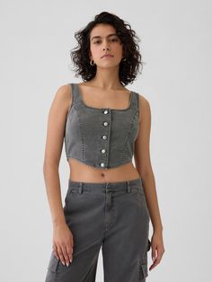 Soft, ultra-cropped twill corset tank top.  Square neck.  Tank straps.  Button front.  Made with 100% regenerative cotton, which is grown using holistic agricultural practices that improve soil health, climate resilience, water retention, and local biodiversity.  * Fit: Classic.  A straight & easy fit.  Ultra-cropped, hits above the waist.  Models wearing Gap Fitted Cropped Top By Gap, Gap Cropped Tops For Spring, Fitted Gap Crop Top For Spring, Gap Cropped Crop Top For Summer, Gap Crop Top For Summer, Gap Cropped Top For Summer, Casual Gap Crop Top For Spring, Gap Casual Crop Top For Spring, Fitted Cotton Tank Top With Buttons