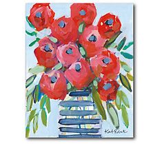 a painting of red flowers in a blue vase