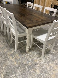 Modern Farmhouse Table, With Chairs, Dark Walnut Stained Top, Antique White Base, Dining, and Kitchen Table, Turned Legs - Etsy Painted Kitchen Table, White Table And Chairs, Distressed Table Top, Turned Leg Table, Madrid Style, Turned Table Legs, Painted Kitchen Tables, Farmhouse Table Setting, Table With Chairs