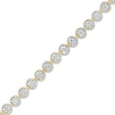 She'll adore the modern look of this diamond tennis bracelet. Crafted in sterling silver with warm 14K gold plate, this contemporary design features round links centered with shimmering diamonds. Radiant with 1/4 ct. t.w. of diamonds and a bright polished shine, this stylish 7.25-inch tennis bracelet secures with a box clasp. Modern Gold Bracelet With Diamond Accents For Anniversary, Modern Diamond Bracelet With Pave Setting For Anniversary, Modern Yellow Gold Round Diamond Bracelet, Modern Gold Round Cut Diamond Bracelet, Modern Round Bracelets With Pave Setting, Modern Gold Diamond Bracelet With Bezel Setting, Modern White Round Diamond Bracelet, Modern Tennis Bracelet With Pave Setting, Gold Tennis Bracelet With Pave Setting