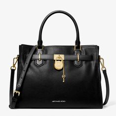 Michael Kors Medium Satchel Hamilton Black Gold Accent Lock And Key Decor Adjustable Shoulder Strap Brand New With Tags Snap Closures Zipper Comparment Interior Leather Beautiful Purse Key Decor, Beautiful Purse, Brown Leather Satchel, Michael Kors Satchel, Bags Michael Kors, Leather Satchel Handbags, Satchel Tote, Lock And Key, Satchel Purse