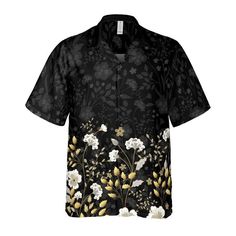 Gold Flowers Button Down Shirt. If you love eye-catching floral designs then this gorgeous Gold Flowers Button Down Shirt is perfect for you! Features a beautiful design of gold flowers along the bottom portion of the polo shirt and floral silhouettes above it. If you love unique creations then this is the perfect button-up shirt for you. Classy yet very comfortable to wear; this shirt is perfect to keep you cool and looking great all day. Product Details Step out with an instant classic! This b Casual Gold Printed Shirt, Summer Printed Gold Shirt, Summer Gold Printed Shirt, Spring Gold Button-up Shirt, Elegant Button-up Tops With Floral Print, Casual Gold Shirt With Button Closure, Elegant Floral Print Button-up Top, Black Collared Shirt With Floral Embroidery, Elegant Johnny Collar Tops For Spring