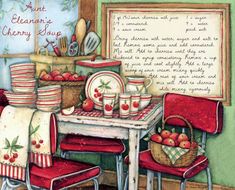 a painting of a kitchen table with red chairs and dishes on it, next to a framed recipe book