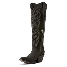 Endlessly wearable and effortlessly stylish, this tall boot looks just as good with jeans and a sweater as it does with dresses and skirts. Bonus: StretchFit allows it to fit a wide range of calves. Laramie StretchFit Western Boot | Product Features : 0 : ATS® technology provides ergonomic support on uneven terrain, 1 : StretchFit panels under the pull tabs give an additional inch to fit a wide range of calves, 2 : Hand-nailed vegetable-tanned leather sole is supremely durable, 3 : Resoleable Go Western Style Fitted Heeled Boots In Calf Leather, Fitted Black Boots With Suede Lining, Western Heeled Boots With Suede Lining, Fitted Suede Heeled Boots With Leather Sole, Fitted Leather Boots With Suede Lining, Fitted Suede Boots With Reinforced Heel, Fitted Suede Boots With Leather Sole, Fitted Leather Lined Boots For Rodeo, Leather Heeled Boots For Rodeo In Fall