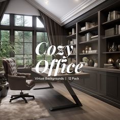 an office with a desk and chair in front of a large bookcase filled with books