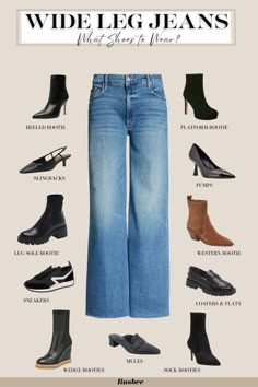 An Easy & Complete Guide to What Shoes To Wear with Jeans Black Boots Wide Leg Jeans, Shoes For Wide Jeans, Women's Wide Leg Jeans Outfit, Shoes With Wide Leg Jean, Jeans For Boots Women, Vintage Wide Leg Jeans Outfit, What Footwear To Wear With Jeans, Wide Leg And Boots, Outfits With Wide Legged Jeans