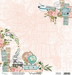 a paper with flowers and an airplane in the sky on top of a city map