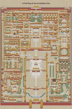 a map of the forbidden city, with many buildings and gardens on it's sides