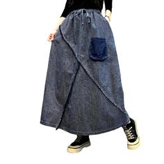 Introducing our lengthy high-waist women's denim skirt from the 2023 Autumn-Winter Collection, a must-have piece for the street style fashionista!Distinctive Features: Street Chic: Embrace the urban trends and make a statement with this denim skirt, perfect for any street vibe look. Patchwork Perfection: This skirt features a unique patchwork design, adding a touch of creativity and individuality to your outfit. Long and Lovely: The length of this skirt elongates your legs and creates a flatteri High Waist Denim Skirt For Fall, Non-stretch Denim Blue Skirt With Pockets, High Waist Non-stretch Denim Skirt With Pockets, Denim Blue Skirt With Pockets, Non-stretch Denim Skirt With Pockets, High Waist Dark Wash Skirt For Fall, High Waist Denim Skirt With Pockets For Winter, Winter High Waist Denim Skirt With Pockets, Fall Denim Skirt In Denim Blue