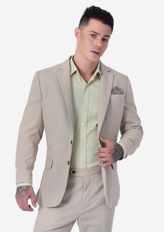 Delivered in as little as two weeks. Jacket & pants included. Vest optional. Covered by our Free Remake Guarantee. Complete the look with Shirts, Ties & Squares. Slim Fit Linen Suit With Notch Lapel, Slim Fit Linen Suits With Notch Lapel, Tailored Linen Business Suit, Classic Linen Suit With Single Button, Tailored Beige Linen Suit, Tailored Linen Suits With Flat Front, Linen Flat Front Suits For Business Casual, Beige Linen Suit With Lapel Collar, Beige Linen Suits With Lapel Collar