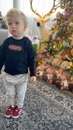 a little boy standing in front of a christmas tree with stuffed animals on the floor