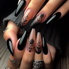 Gothic Wedding Nails, Acotar Inspired Nails, Black Coffin Nails Design, Summer Black Nails, Mafia Nails, Black Nails Wedding, Black And White Nails, Gothic Nails, Goth Nails