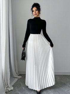 Women's Elegant Pleated Hem Contrast Color Stand Collar Long Sleeve Dress For Autumn Maxi Women Outfit Black Elegant  Long Sleeve Fabric Colorblock,Plain A Line Medium Stretch  Women Clothing, size features are:Bust: ,Length: ,Sleeve Length: Long Pleated Skirt Outfit, Elegant Church Outfits, Pleated Skirt Outfit, Fall Maxi, Modest Dresses Fashion, Snow Dress, Winter Skirt Outfit, Pleated Long Skirt, Long Dress Casual