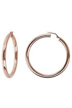 Milano Hanging Golden Rosé Hoop Earrings - L'Atelier Global Modern Small Hoop Rose Gold Earrings, Modern Rose Gold Small Hoop Earrings, Rose Gold Hoop Earrings Shiny Finish, Rose Gold Hoop Earrings With Shiny Finish, Rose Gold Metal Hoop Earrings, Modern Rose Gold Tarnish Resistant Hoop Earrings, Rose Gold Shiny Hoop Earrings, Modern Tarnish-resistant Rose Gold Hoop Earrings, Modern Rose Gold Tarnish-resistant Hoop Earrings