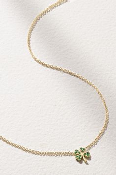 Luck is always on your side when you wear Jennifer Meyer's necklace - it's strung with a dainty, four leaf clover charm that's said to bring good fortune. It's handmade from 18-karat gold and set with glowing emeralds. 14k Gold Solitaire Necklace With Cable Chain, Fine Jewelry Birthstone Necklace With Delicate Chain, Yellow Gold Birthstone Necklace With Delicate Chain, Round Yellow Gold Birthstone Necklace With Delicate Chain, 14k White Gold Charm Necklace With Adjustable Chain, Classic Necklace With Delicate Chain And Heart Pendant, Delicate Chain Pendant Birthstone Necklace, Gold Birthstone Necklace With Adjustable Chain, 14k Gold Solitaire Necklace With Delicate Chain