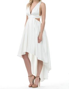 This gorgeous sleeveless cutout dress is great for semi formal, formal, and special occasions and can be wore as a beautiful but simple wedding dress. This flowy midi dress has a v neck in the front with straps from the front of the dress going down the back to the middle and is attached to an elastic band that going from left to right, Dress is very stylish with dress hook and eye with zipper in the middle back of the dress and hi low hemline. Material: 100% Polyester Neckline: V Neck Sleeve St Summer V-neck Midi Dress With Cutout, Elegant V-neck Backless Summer Dress, Fitted V-neck Halter Dress For Wedding, Elegant A-line Dress With Cutout, Elegant Summer Dresses With Cutout Back, Formal V-neck Halter Dress For Spring, Chic Flowy V-neck Evening Dress, Spring A-line Dress With Cutout Back, Summer Wedding Halter A-line Dress