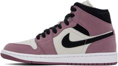 Mid-top grained leather and faux-suede sneakers in off-white, purple, and black. · Perforations at toe · Lace-up closure · Logo patch at padded tongue · Padded collar · Logo embossed at outer side · Swoosh appliqué at sides · Jersey lining · Air sole unit at foam rubber midsole · Treaded rubber sole Please note that this item may be shipped only within North America. Supplier color: Light mulberry/Black Sporty Purple High-top Sneakers With Contrast Sole, Purple Leather Lace-up Jordan Shoes, Purple Leather Sneakers With Gum Sole, Sporty Purple Leather High-top Sneakers, Mid-top Purple Leather Sneakers, Purple Mid-top Leather Sneakers, Purple Leather Mid-top Sneakers, Purple Leather Mid-top Basketball Shoes, Purple Leather Skate Shoes With Rubber Sole