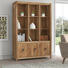 a living room with a chair and bookcase