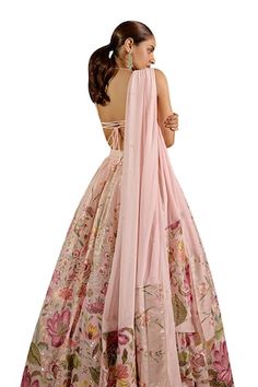 Soft blush pink flared lehenga with all over multi thread florence garden embroidery and sequin highlights. Paired with a matching embroidered scallop hem bustier style blouse and a an embroidered dupatta. - Aza Fashions Pink Floral Embroidered Lehenga For Wedding, Semi-stitched Bohemian Lehenga With Floral Embroidery, Pink Embroidered Lehenga, Peach Floral Lehenga, Pink Floral Embroidered Semi-stitched Lehenga, Cape Lehenga, Kurta Lehenga, Garden Embroidery, Jayanti Reddy