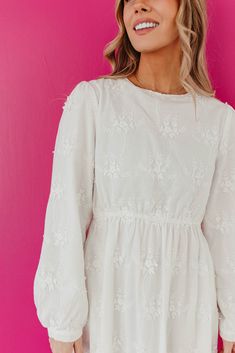 Stay sweet and cute in THE WINNEE MAXI EYELET DRESS. With a charming eyelet design and convenient pockets, this long sleeve dress is perfect for any occasion. Embrace the pure white color and effortlessly stand out in style. Long Sleeve Eyelet Temple Friendly Maxi length Pockets Self: 100% rayon, Lining: 100% polyester Dress is true to size. Small (0-2), Medium (4-6), Large (8-10), X-Large (10-12). Length (shoulder to hem): Small: 55.5", Medium: 56", Large: 56.5", X-Large: 57". Model is 5'5" wea Winter White Dresses Long Sleeve, White Dress Long Sleeve Casual, Easter Dress For Women Church, Lds Temple Dress, Easter Dresses For Women, Temple Dresses, White Dress Winter, Called To Serve, Embroidered Mesh Dress