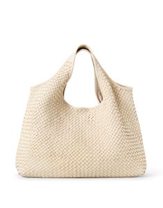 This ivory bag from Laggo is the perfect carryall. Large enough to hold all your essentials, it's woven leather is lined with cotton canvas for durability and style. Versatile for everyday use, wear this bag with a pair of jeans and a light top to polish off all your warm weather ensemble. Everyday Leather Woven Bag, Woven Leather Bags For Everyday Use, Natural Top Handle Hobo Bag With Large Capacity, Everyday Woven Leather Hobo Bag, Luxury Woven Leather Straw Bag For Everyday, Cream Shoulder Bag With Braided Handles For Shopping, Luxury Woven Cream Shoulder Bag, Beige Top Handle Bag With Woven Leather, Natural Woven Leather Top Handle Bag