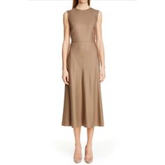 Ural Dress In Camel Wool And Silk Twill. Crew Neckline. Sleeveless. Darted Front. A-Line Silhouette. Midi Length. Back Zip. New With Tags! Size 14. Beige Sleeveless Midi Dress For Work, Elegant Fitted Neutral Midi Dress, Neutral Midi Dress For Formal Occasions, Elegant Brown Midi Dress For Daywear, Neutral Midi Length Evening Dress, Elegant Brown Maxi Dress For Daywear, Elegant Sleeveless Neutral Maxi Dress, Elegant Neutral Midi Dress For Evening, Elegant Neutral Dresses For Daywear