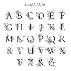 the alphabet with flowers and leaves in black ink on white paper, including capital letters