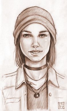 a drawing of a woman with a hat on her head and a necklace around her neck