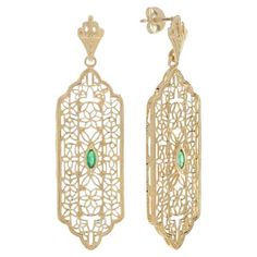 Add a delicate and unique aesthetic to your look with these filigree earrings by GEMMA FILIGREE. Our antique design gold filigree earrings equate to delicacy and light openwork, while maintains strength for everyday wear for a lifetime. This striking filigree design earrings with floral and leaf motif is a symbol of growth and femininity, encompassing a beautiful meaning for the wearer. CHARACTERISTICS Status: Made to order Origin: Thailand Metal: Solid 9K Yellow Gold Earrings Size: 13 mm. x 45 mm. Total Gemstones Weight: 0.15 Carat (approx.) Total Gram Weight: 5.27 g. (approx.) *Pictures have been enlarged to show details* PRIMARY STONE(S) Stone: Natural Emerald Color: Green Shape: Marquise Size: 4x2 mm. Number: 2 Weight: 0.15 Carat (approx.) All of our jewelry are always made of gold or Gold Filigree Earrings, Beautiful Meaning, Custom Jewelry Box, Yellow Gold Earrings, Leaf Motif, Filigree Earrings, Emerald Color, Filigree Design, Design Earrings