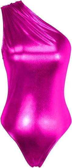 Upgrade your dancewear with our Metallic One Shoulder Shiny Leotard Sleeveless Bodysuit. Featuring a stylish one shoulder design and a shiny metallic material, this bodysuit is perfect for adding a touch of glamour to your performances. Made with high-quality fabric for comfort and durability. 95% Polyester, 5% Spandex Care instructions Hand Wash Only Great high quality with shiny metallic fabric. Note: Material doesn't have great stretch, but soft and comfortable. Retro 80s/90s Metallic Bodysui Metallic Bodysuit, Leotard Tops, Fuschia Pink, Winter Knit Hats, Metallic Fabric, Sleeveless Bodysuit, Boot Accessories, Shoulder Design, High Leg